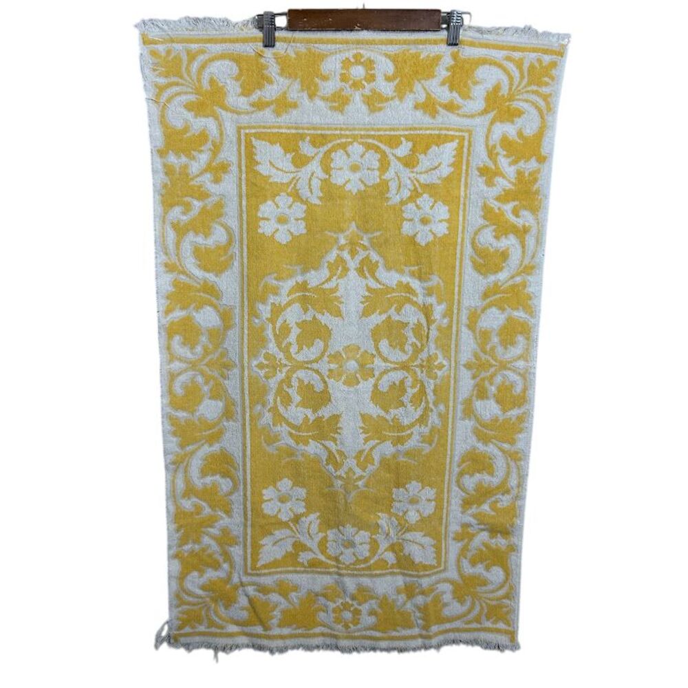 Vtg Sears Drylon Fringed Bath Towel Jacobean Print Golden Yellow Repurpose Craft